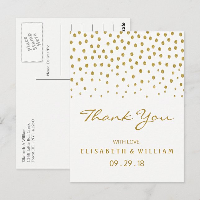 Gold Polka Dot - White & Gold - Wedding Thank You Postcard (Front/Back)