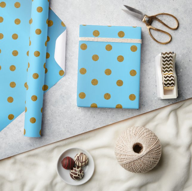 Gold Polka Dots and Baby Blue Satin Wrapping Paper (Crafts)