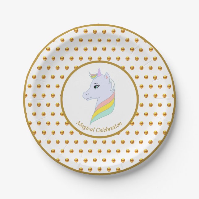 Gold Polka Dots and Unicorn Paper Plate (Front)