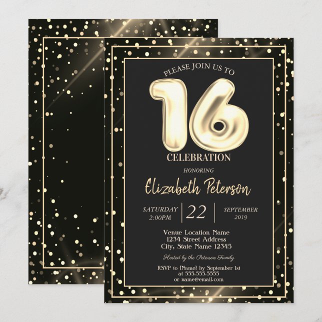 Gold Polka Dots Black Sweet 16 Party Invitation (Front/Back)