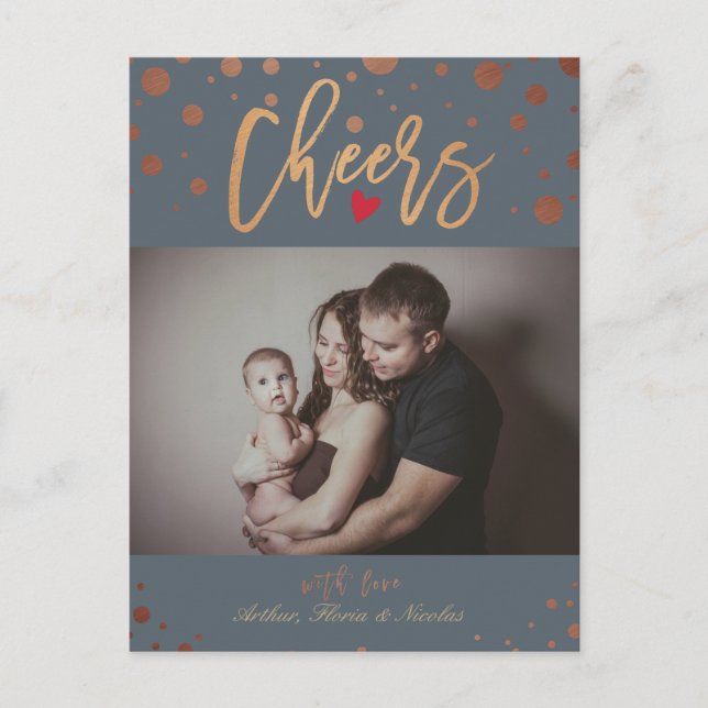 Gold Polka Dots Cheers Script Holiday Family Photo Postcard (Front)