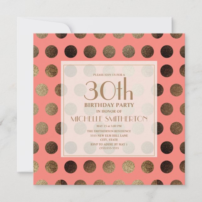 Gold Polka Dots Coral 30th Birthday Invitation (Front)