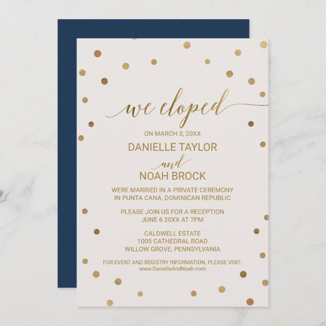Gold Polka Dots Elopement Reception Invitation (Front/Back)