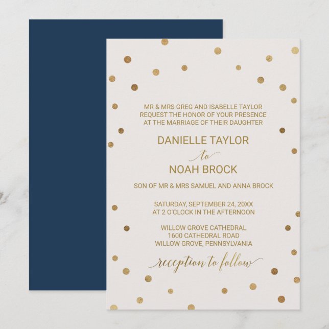 Gold Polka Dots Formal Wedding Invitation (Front/Back)