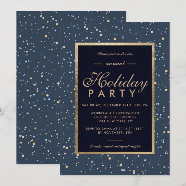 Gold polka dots navy blue winter corporate holiday invitation (Front/Back)