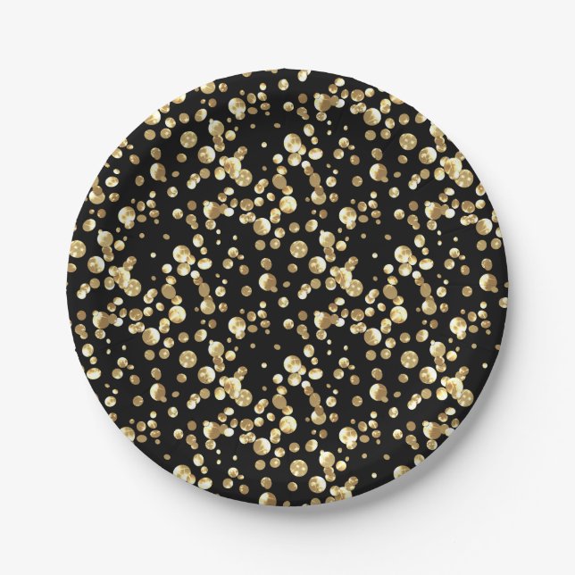 Gold polka dots on a black background . paper plate (Front)