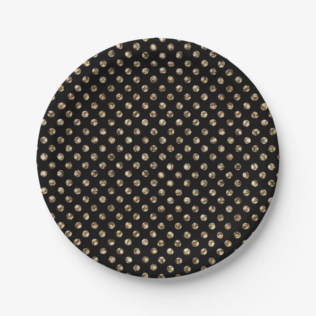 Gold Polka Dots on Black Paper Plate (Front)