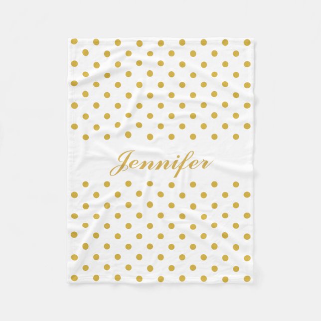 Gold Polka Dots on White Personalised Name Fleece Blanket (Front)