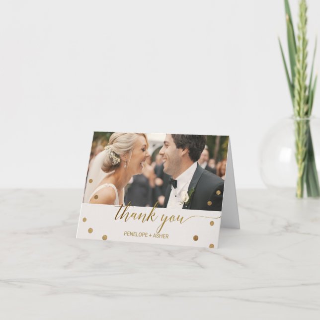 Gold Polka Dots Photo Thank You Card (Front)