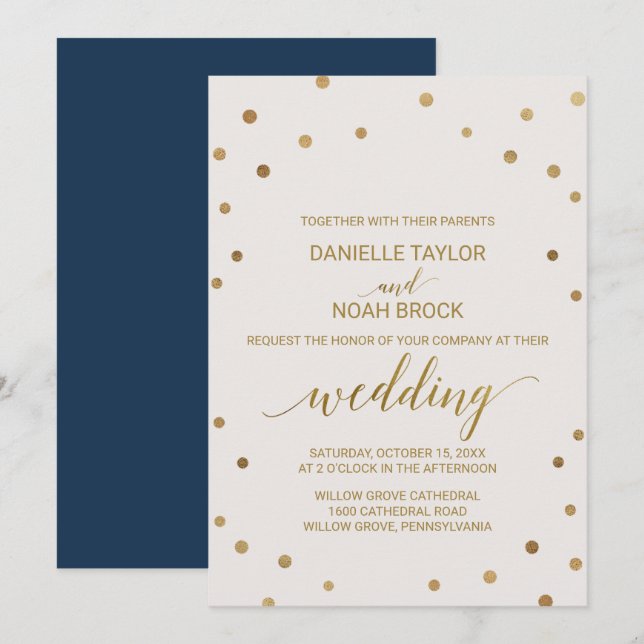 Gold Polka Dots Wedding Invitation (Front/Back)