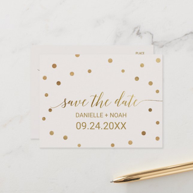 Gold Polka Dots Wedding Save the Date Announcement Postcard (Front/Back In Situ)