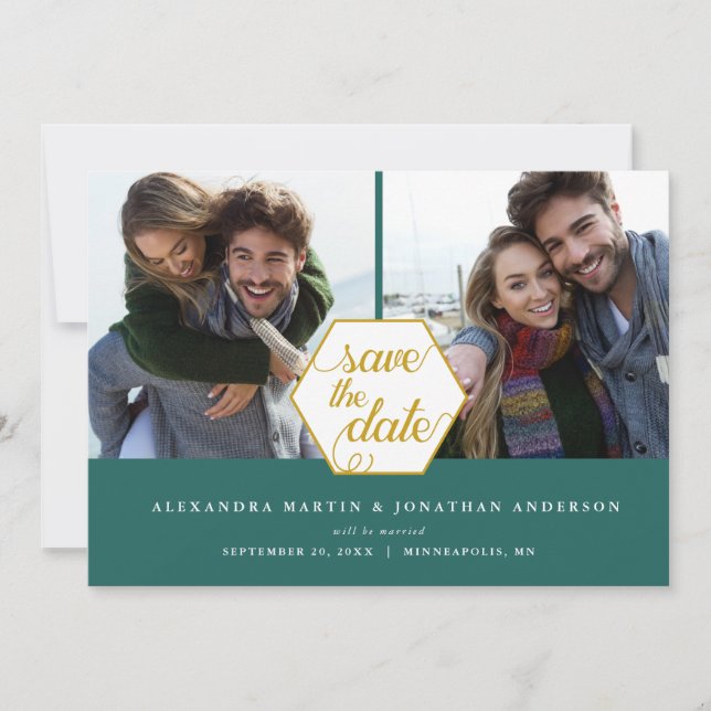 Gold Polygon 2 Photos Dark Teal Save the Date (Front)