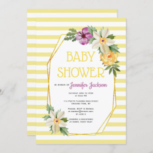Gold polygon and flowers floral baby yellow shower invitation