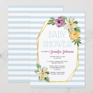 Gold polygon and flowers floral blue baby shower invitation