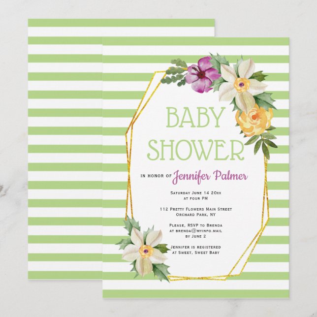 Gold polygon and flowers floral green baby shower invitation (Front/Back)