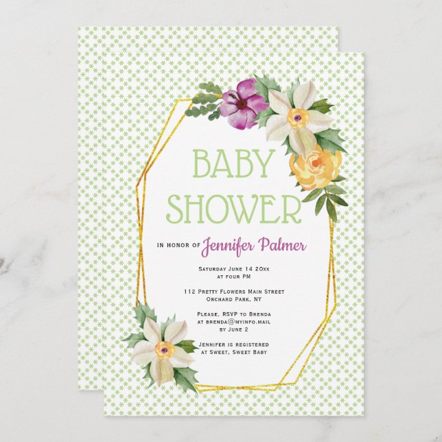 Gold polygon and flowers floral green baby shower invitation (Front/Back)