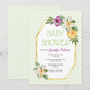 Gold polygon and flowers floral green baby shower invitation