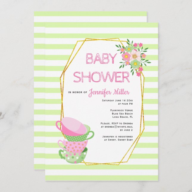 Gold polygon and tea party floral baby shower invitation (Front/Back)