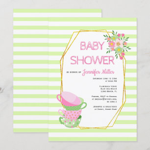 Gold polygon and tea party floral baby shower invitation