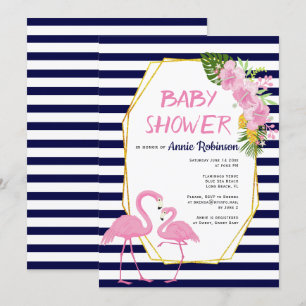 Gold polygon, flamingos navy blue baby shower invitation