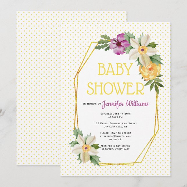 Gold polygon, flowers polka dot floral baby shower invitation (Front/Back)