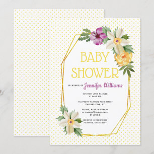 Gold polygon, flowers polka dot floral baby shower invitation