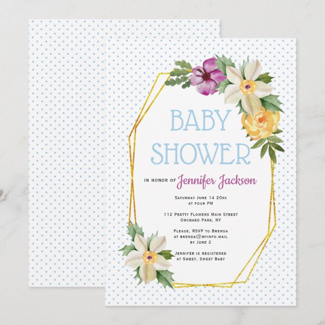 Gold polygon, flowers polka dot floral baby shower invitation (Front/Back)