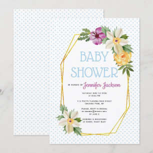 Gold polygon, flowers polka dot floral baby shower invitation
