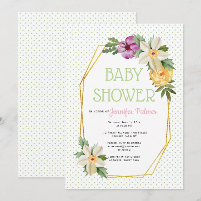 Gold polygon, flowers polka dot floral baby shower invitation (Front/Back)