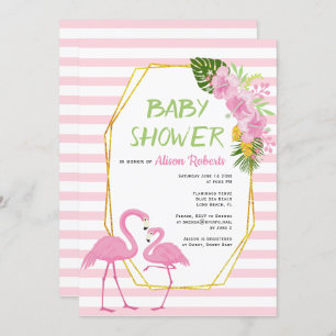 Gold polygon, pink flamingos baby shower invitation