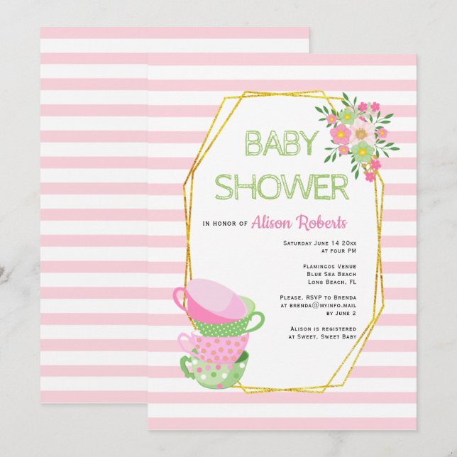 Gold polygon, pink tea party floral baby shower invitation (Front/Back)