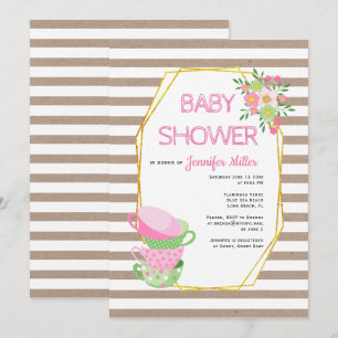Gold polygon rustic floral tea party baby shower invitation