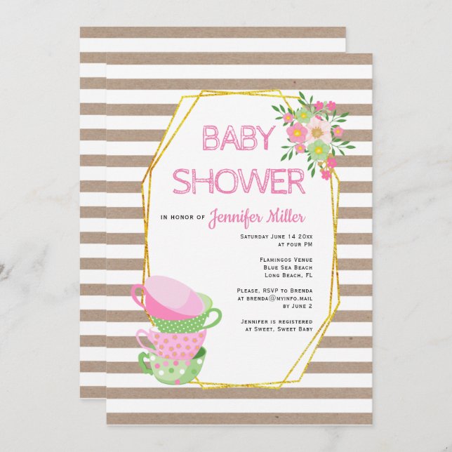 Gold polygon rustic floral tea party baby shower invitation (Front/Back)