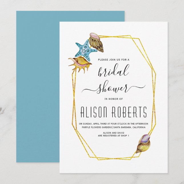 Gold polygon seashells beach wedding bridal shower invitation (Front/Back)