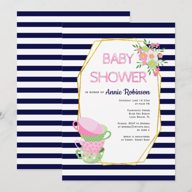 Gold polygon, teacups navy blue floral baby shower invitation (Front/Back)