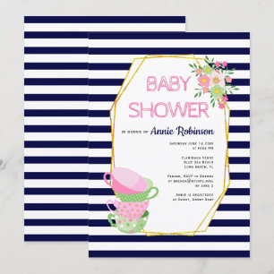 Gold polygon, teacups navy blue floral baby shower invitation
