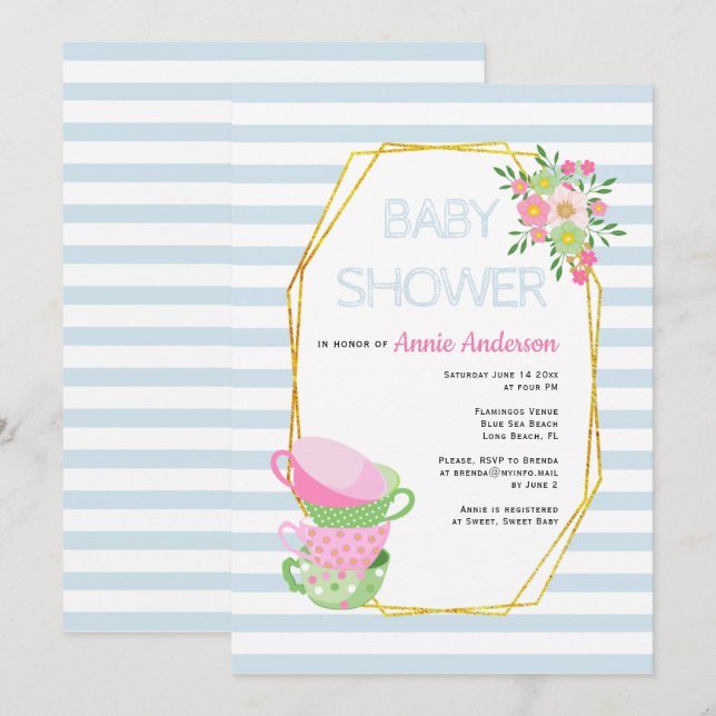 Gold polygon, teacups pale blue floral baby shower invitation (Front/Back)