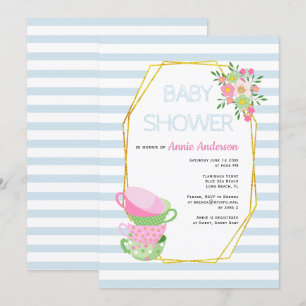Gold polygon, teacups pale blue floral baby shower invitation