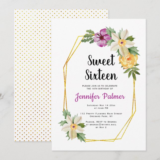 Gold polygon watercolor flowers Sweet Sixteen Invitation (Front/Back)