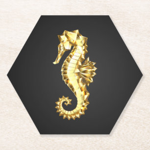 Gold Polygonal Seahorse Paper Coaster