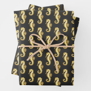 Gold Polygonal Seahorse Wrapping Paper Sheet