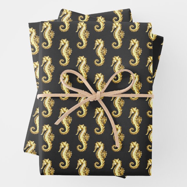 Gold Polygonal Seahorse Wrapping Paper Sheet (In situ)