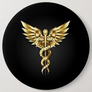 Gold Polygonal Symbol Caduceus 6 Cm Round Badge
