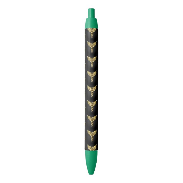 Gold Polygonal Symbol Caduceus Black Ink Pen (Front Vertical)