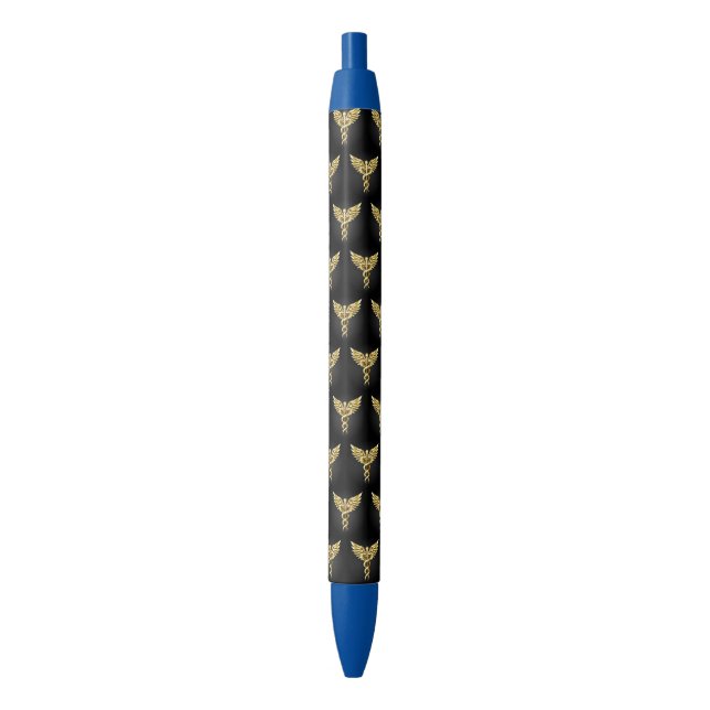 Gold Polygonal Symbol Caduceus Black Ink Pen (Front Vertical)