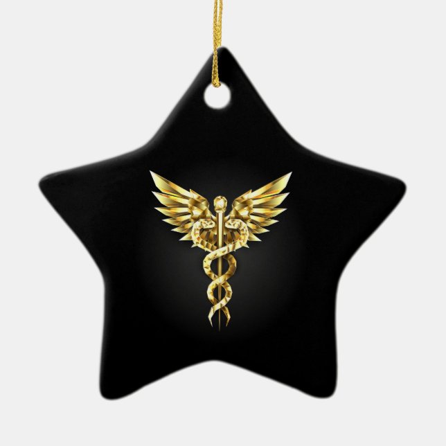 Gold Polygonal Symbol Caduceus Ceramic Tree Decoration (Front)