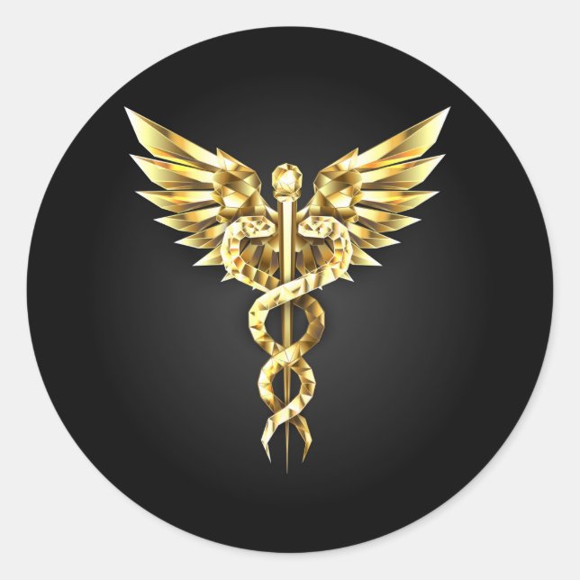 Gold Polygonal Symbol Caduceus Classic Round Sticker (Front)