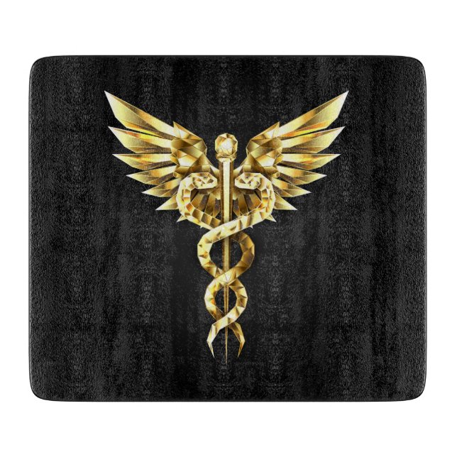 Gold Polygonal Symbol Caduceus Cutting Board (Front)
