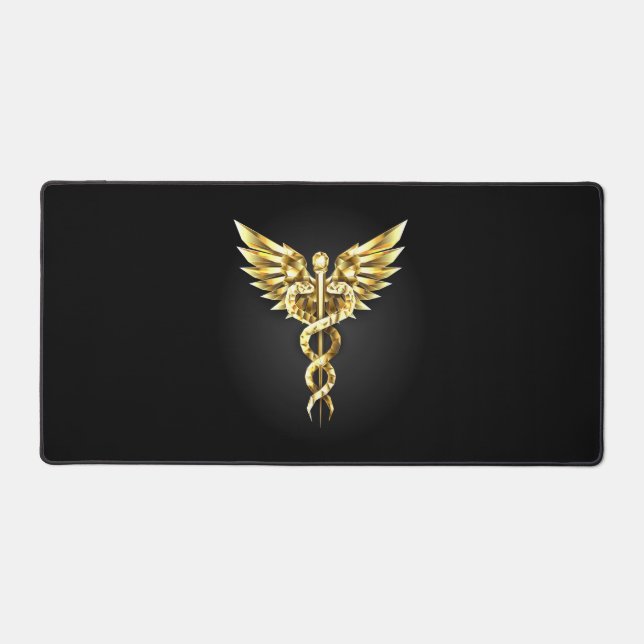 Gold Polygonal Symbol Caduceus Desk Mat (Front)