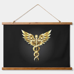 Gold Polygonal Symbol Caduceus Hanging Tapestry